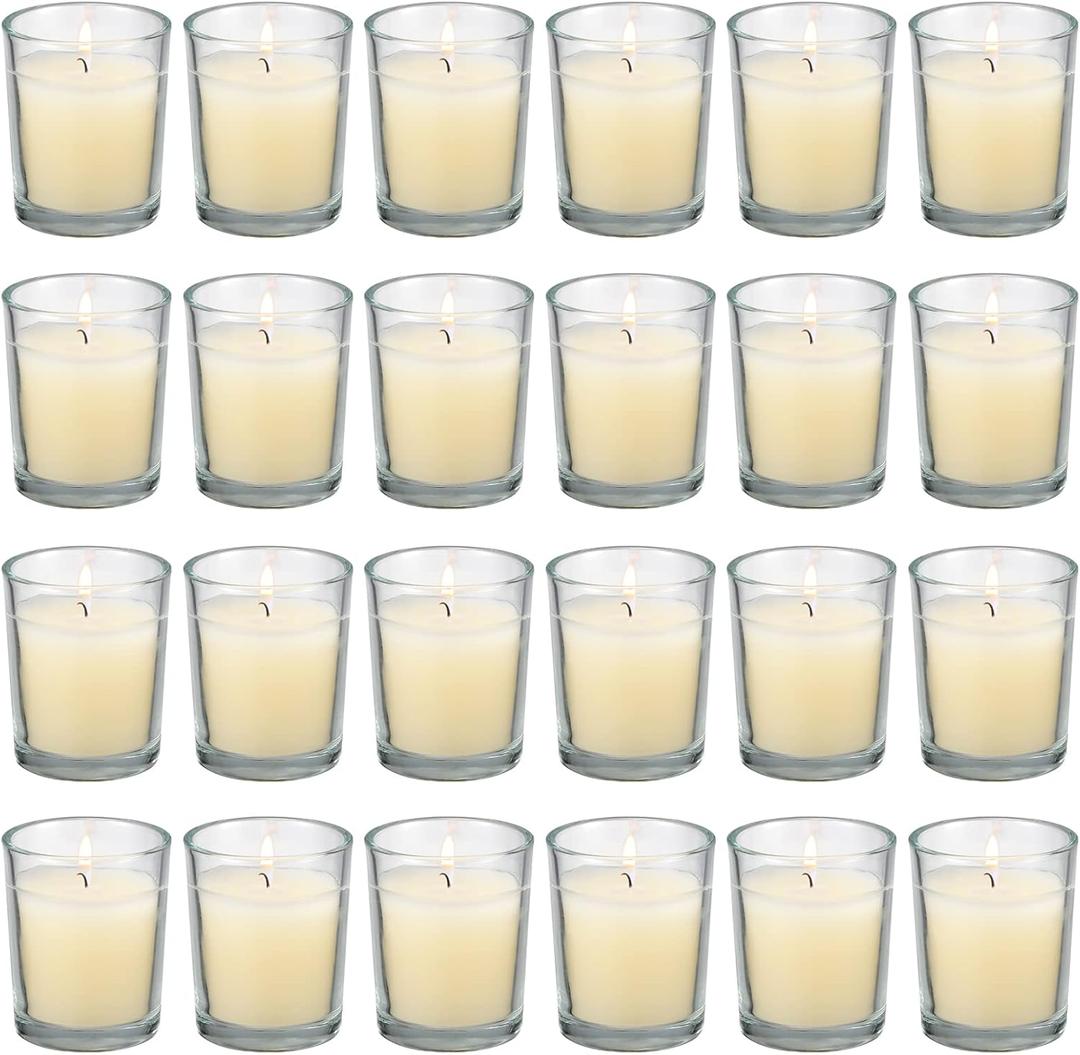 flamecan 24 Pack Clear Glass Filled Ivory Votive Candles. Unscented Votive Candles for Home Dcor Spa Weddings Birthdays Holidays Party