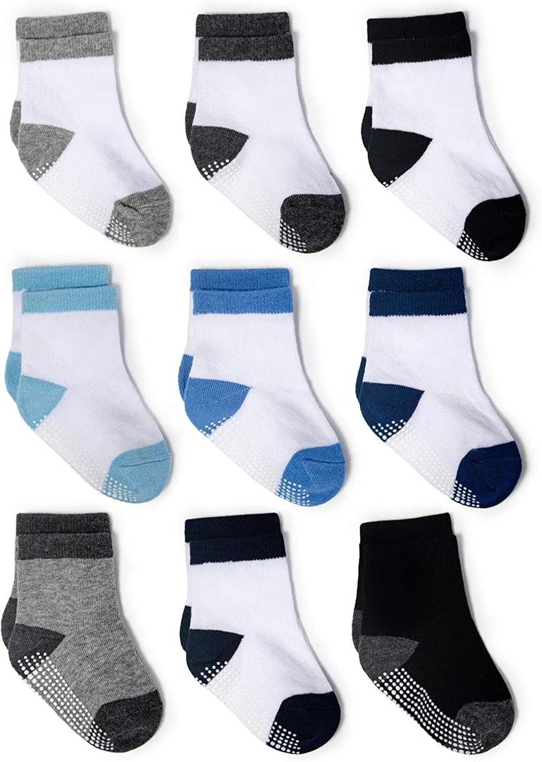 Zaples Grip Crew Socks with Non Slip/Anti Skid Soles for Baby Infants Toddlers Kids Boys Girls (1-3T, Boys Color Blocked - 9 Pairs)