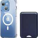 for iPhone 13 Case with Card Holder, Compatible with MagSafe Clear Case Magnetic Wallet, Anti-Yellowing & MIL-Grade Protective, Includes Detachable Blue Leather Wallet Holds 3 Cards
