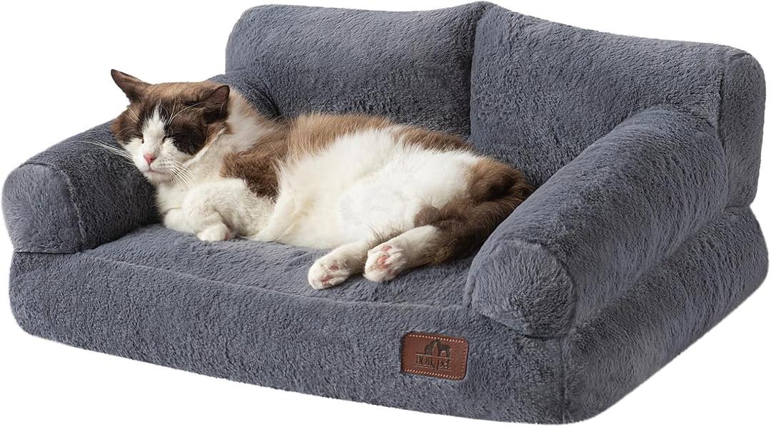 Hollypet Fluffy Plush Dog Cat Pet Couch Soft Calming Sofa Bed for Medium Small Cats and Dogs, Gray (24.0"L x 18.0"W x 10.0"Th)