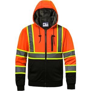 High visibility Hoodie for Men,Class3 Hi Vis Hoodie,Fleece Lined Reflective Hooded,Construction work Hi-Vis Safety Sweatshirt,Black Bottom Orange XL