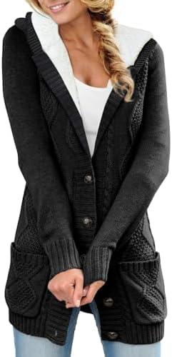 Sidefeel Women's Cardigan Sweaters Hooded Fleece Lined Button Down Front Jackets Winter Coat with Pockets L