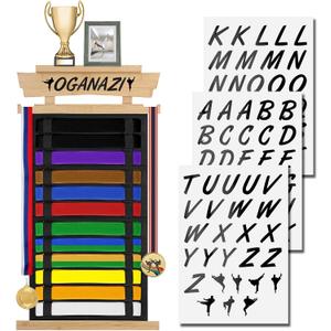 12 Belts Karate Belt Display Rack with Personalized Stickers, Taekwondo Belt Display Holder with Bamboo Trophy Rack, Felt Martial Arts Belts Display Holder for Taekwondo Karate BJJ Gifts