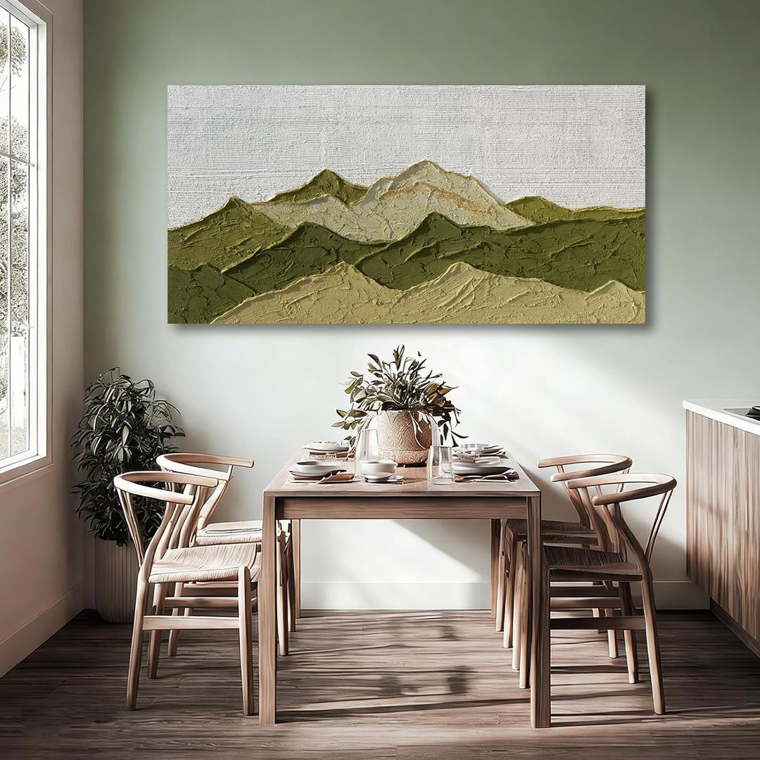 Dolidoteart Green Beige White Mountain Wall Art, Hand Painted Oil Painting on Canvas, Large Landscape Wall Decor for Living Room Bedroom Office, Horizontal 24x48 Inch
