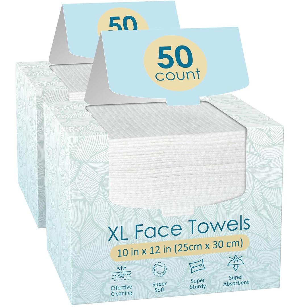 Fygrip 2 Pack of 50 count XL Disposable Face Towels 10 x 12, 100% Viscose Fibre, Soft & Skin Friendly Face Towelettes Disposable, Facial Tissue Wipes for Women Cleansing