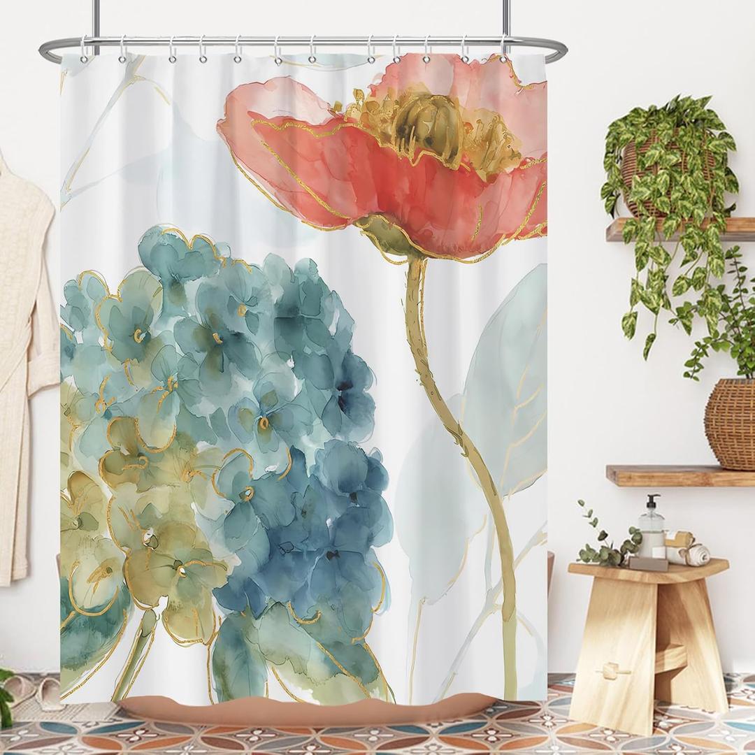 Watercolor Flower Shower Curtain, Blue Floral Shower Curtain Set for Bathroom, Turquoise Blue Natural Modern Plant Minimalist Fabric Bath Curtain with Hooks, 72x72in