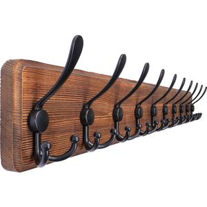 SKOLOO Rustic Large Coat Rack Wall Mount-38.6'' Long Coat Rack for Wall, Wood Coat Rack Hook, Farmhouse Coat Hanger Wall Mount for Hanging Jacket Coat (1 Item-10 Hooks, Brown Plate & Black Hook)