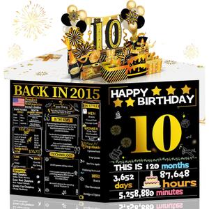 Joycard 10th Birthday Card for Girl Boy, 3D Pop Up Happy Birthday Gift for Daughter Son, Funny 10 year old Birthday Decorations for Grandson Granddaughter, Back in 2015 Laser Gold Retro Theme