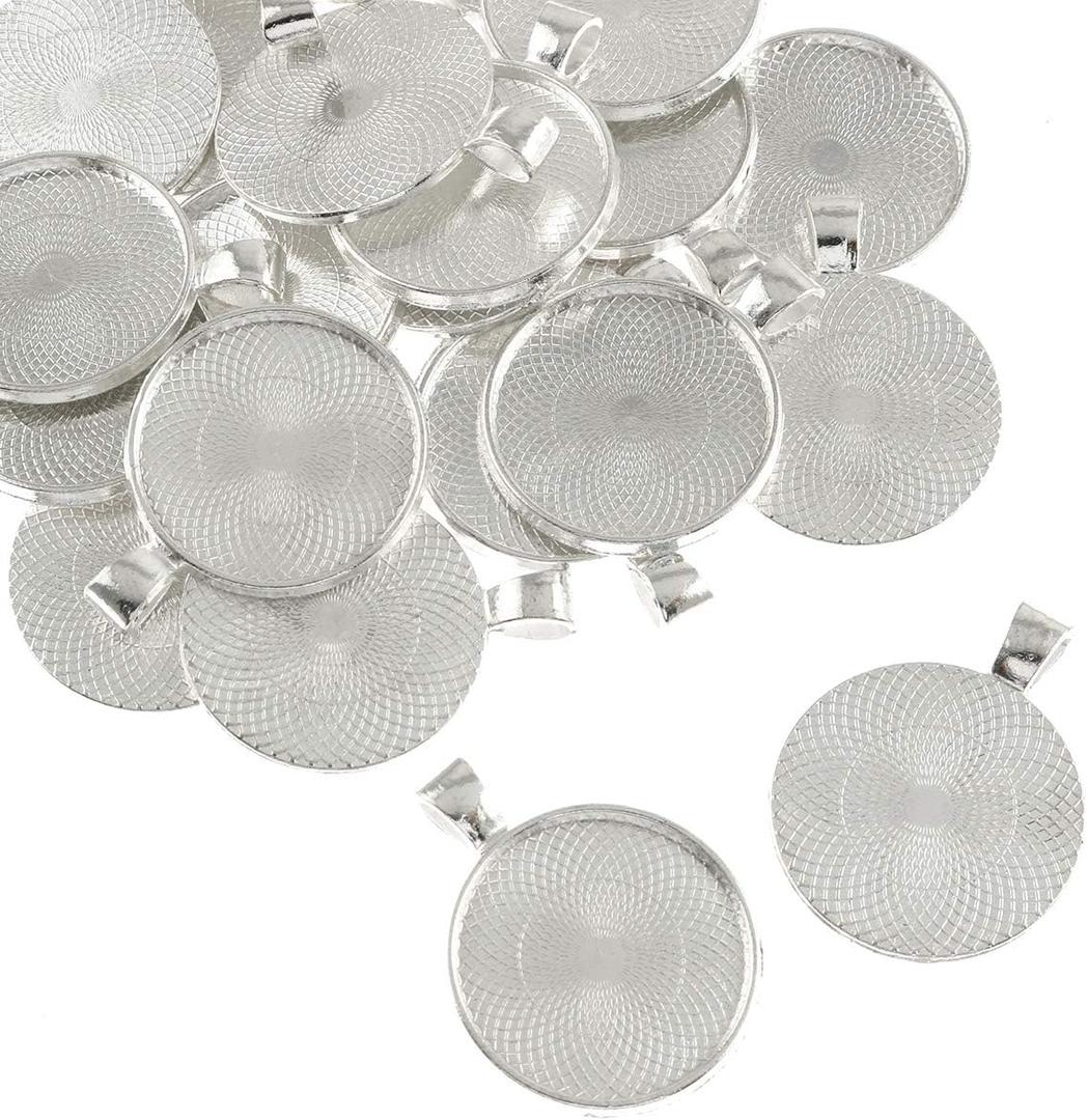 25 pcs 25mm Pendant Trays Round Pendant Bezels Setting Cabochon Blank Base for DIY Jewelry Making, Bright Silver