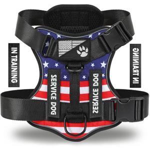 Demigreat Service Dog Harness, Reflective Dog Vest Harness with 5 PCS Patches, Adjustable Soft Oxford Pet Harness, Inner Layer Mesh, Easy to Control for Dogs (USFLAG, Large (Pack of 1))