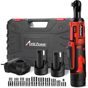 AVID POWER Cordless Electric Ratchet Wrench 3/8", 44.2 Ft-lbs 12V Power Ratchet Wrench Kit w/Two 2.0Ah Batteries, 1-Hour Fast Charger, Variable Speed and 10 Sockets (Red)