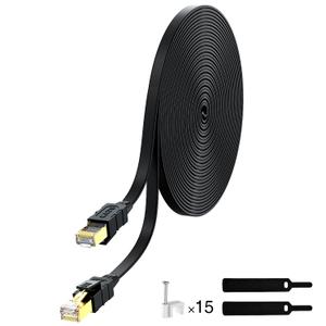 Lovicool Cat 8 Ethernet Cable 50ft, Flat Internet LAN Patch Cord Black Shielded High Speed, 26AWG 40Gbps 2000Mhz SFTP with Gold Plated RJ45 Weatherproof S/FTP UV Resistant for Router/Gaming/Modem