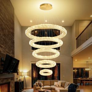Large Gold Ring Chandelier for High Ceiling Modern Long Crystal Chandelier Lighting, Dimmable LED Ceiling Chandeliers,5 Ring D8+15.7+23.6+31.5+39.4''