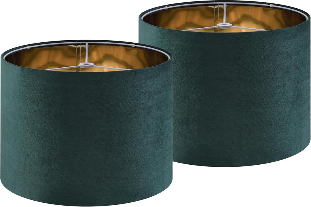 Green Velvet Lampshades Set of 2 Medium Drum Lamp Shade 13" Top x 13" Bottom x 10" High (Spider) Modern Lamp Shade - Ideal for Table & Floor Lamps - Lampshades Replacement - By GO&SO