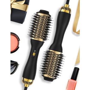 Hot Air Hair Blow Dryer Brush - 3 in 1 Negative Ionic Hairdryer Blowout Brush for Drying Straightening Volumizing - 60mm Oval Barrel fit All Hair Types - Salon Style, Smooth, Frizz-Free Results (Gold)