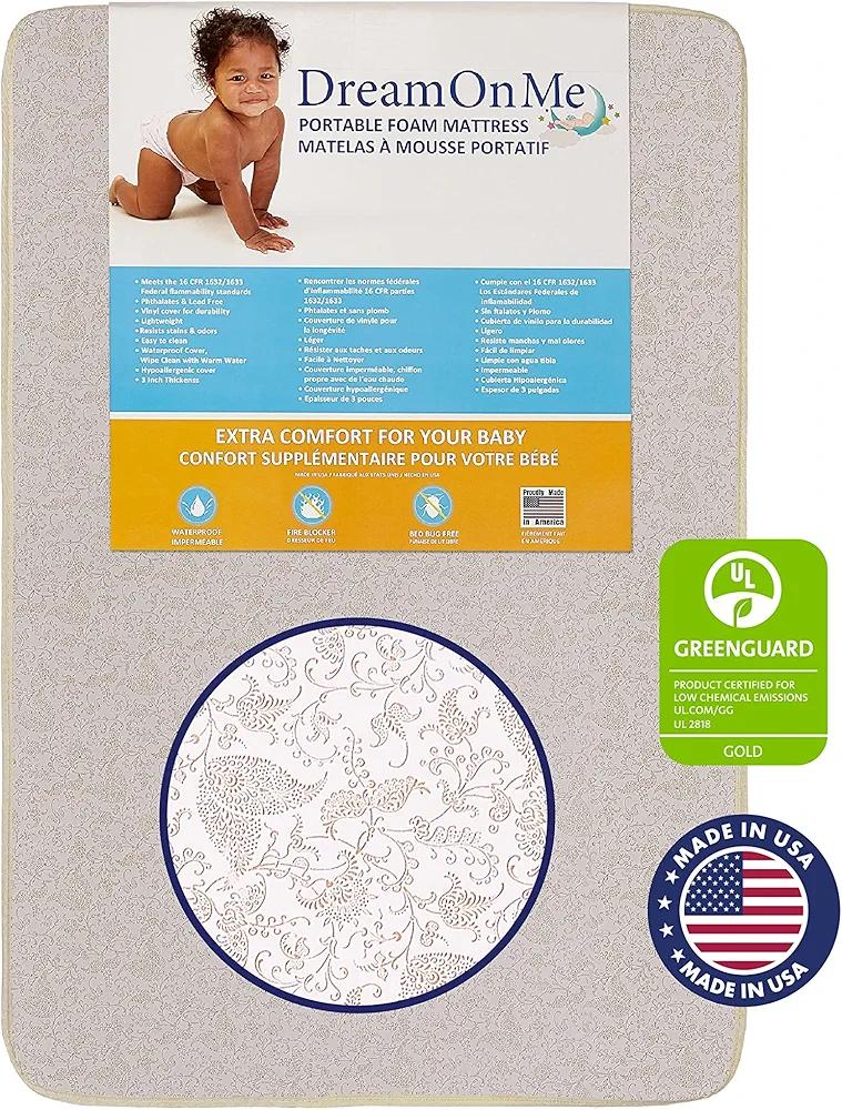 Dream On Me, 3 Inch Foam Pack and Play Mattress, White, White/Brown, 25C-GR, 3 Inch (Pack of 1)
