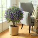 Artificial Boxwood Topiary Balls with Lavender 24" Set of 2 Faux Shrub Bushes, Evergreen Trees with Ground Spike & Garden Tools UV Resistant Faux Plants for Outdoor Planters, Porch & Front Door