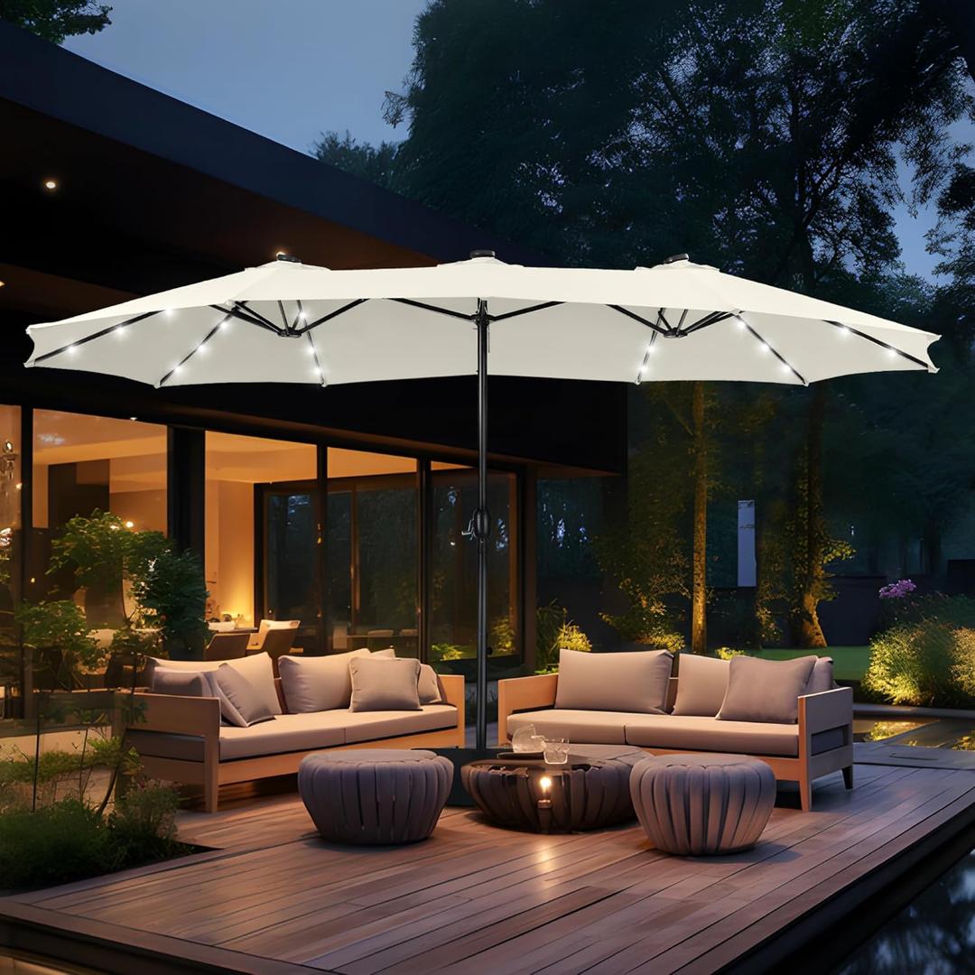 MFSTUDIO 15ft Double Sided Patio Umbrella with Solar Lights, Outdoor Large Umbrellas with Crank Handle and 36 LED Lights, Rectangular Market Umbrella with Base Included for Deck Pool Shade (Ivory)