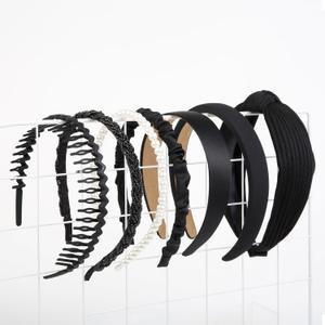 7 PCS Fashion Headbands for Women Floral Vintage Wide Headband Cute Pearl HeadBand Twisted Black Hair Bands for Girls Hair Non Slip Hair Accessories (Black)