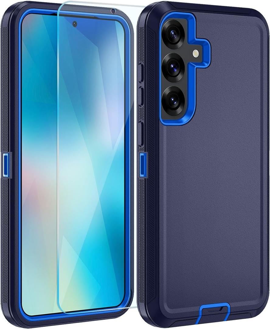 for Samsung Galaxy S25 Plus Case, with HD Tempered Glass Screen Protector, Heavy Duty Shockproof Drop Protective Rugged Tough Durable Phone Cover (Dark Blue)