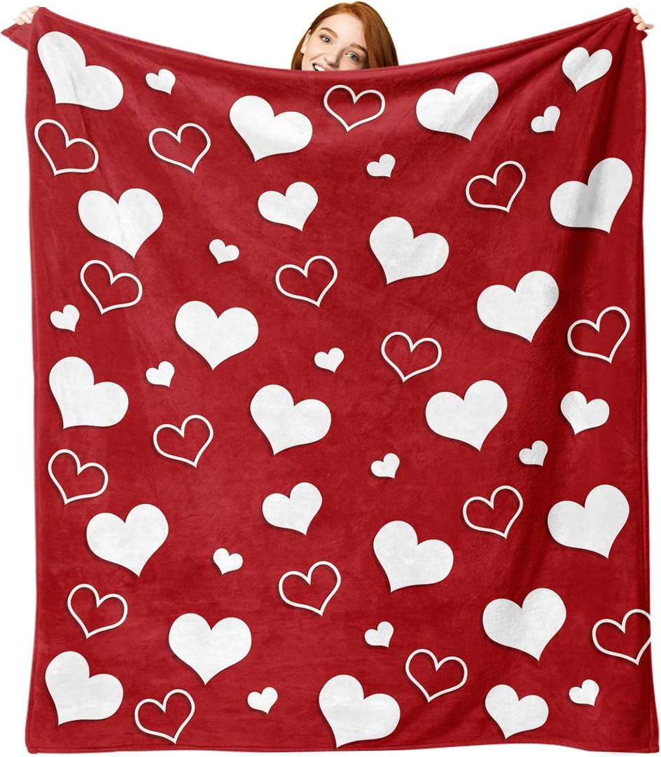 Valentines Day Flannel Throw Blanket, Red White Love Heart Anniversary Wedding Birthday Gifts for Women Girlfriend Wife Lover, Romantic Soft Blanket for Bedding Sofa 50" x 60"