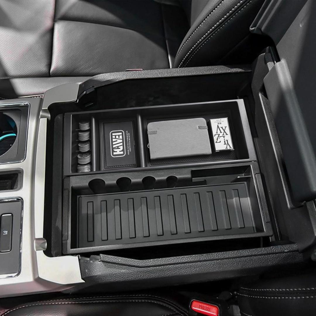 HGWEI Center Console Organizer Compatible with Ford F150 2015-2020, 2017-2022 F250 F350 F450, 2018-2024 Expedition Accessories, Insert Tray Armrest Storage Box, Full Console w/Bucket Seats ONLY, Black