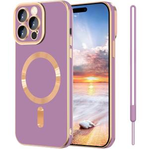 iPhone 15 Pro Max Case,iPhone 15 Pro Max Phone Case[Compatible with MagSafe] Magnetic Slim Thin lanyard Wrist Strap Plating Shockproof Protective Phone Cover for iPhone 15 Pro Max 6.7", Purple