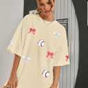 Baseball Shirts Women Baseball Bow Oversized Graphic Tshirt Game Day Gift Baseball Mom Casual Tee Tops (Medium, Apricot)