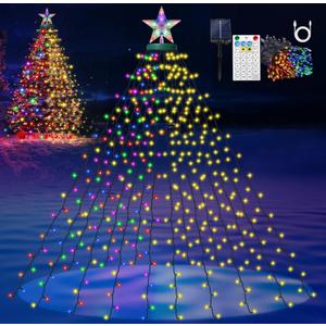 Solar Christmas Tree Lights with Star Topper, 410 LED 6.6FT x 16 Lines Christmas String Lights with 19 Models Timer Remote, Waterfall Tree Lights USB Powered for Xmas Tree(Warm White & Multi-Colored)