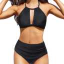 Tempt Me Women Two Piece High Waisted Bikini Swimsuit Ruched Tummy Control Bottoms Keyhole Bathing Suits (Black, L)