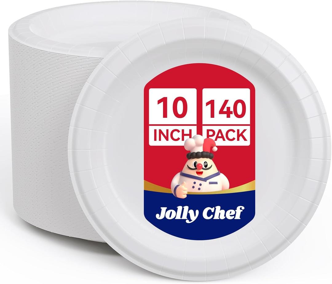 JOLLY CHEF10 inch 140 Pack Disposable Paper Plates,Soak Proof, Cut Proof, Microwave Safe Heavy Duty Paper Plates Everyday Use (10in)