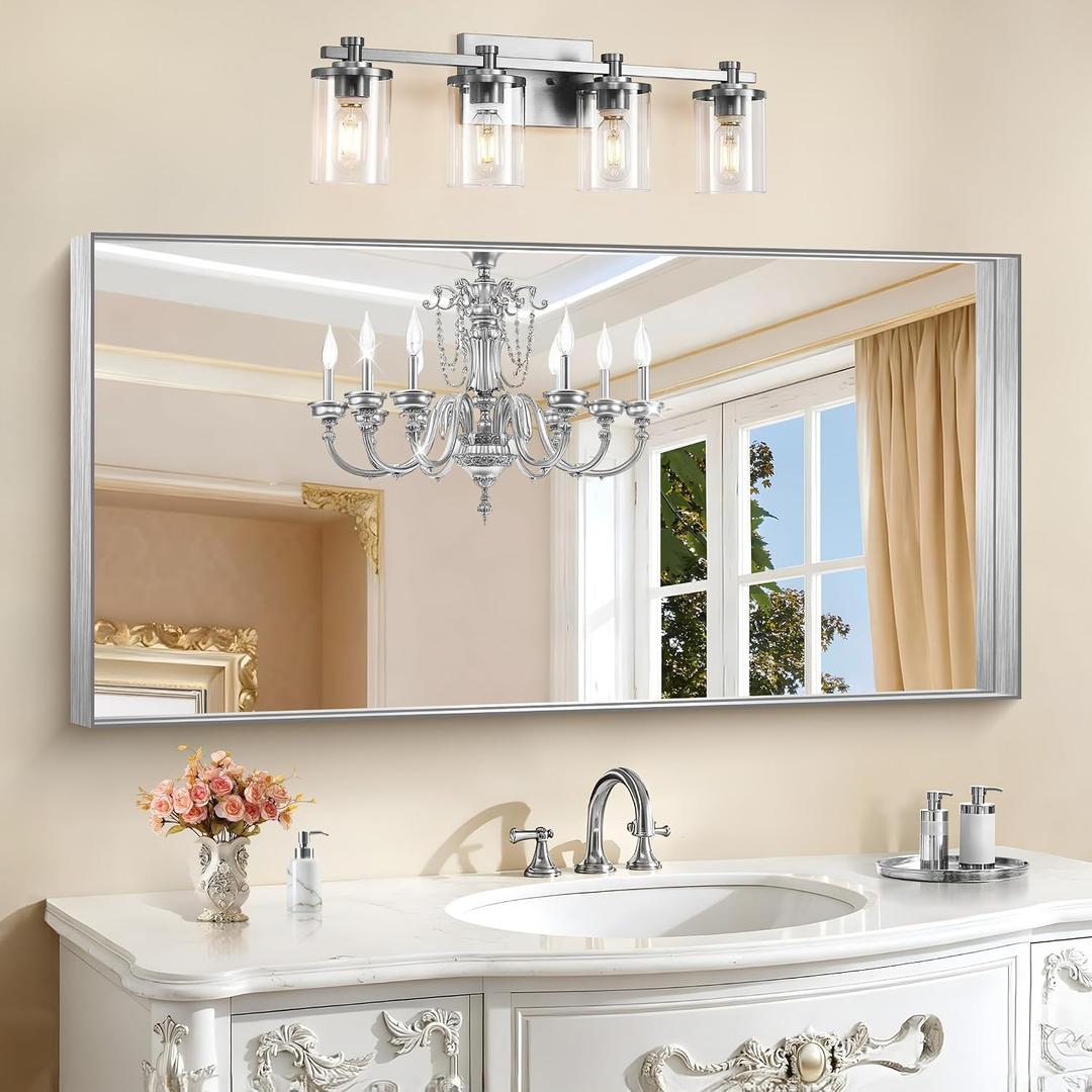 CIRCUMI Silver Bathroom Mirror, 24"x48" Rectangular Mirror with Deep Metal Frame, Brushed Finish, Tempered Glass, Large Mirror for Wall, Over 2 Sinks, Installed Vertically/Horizontally, Crystal-Clear