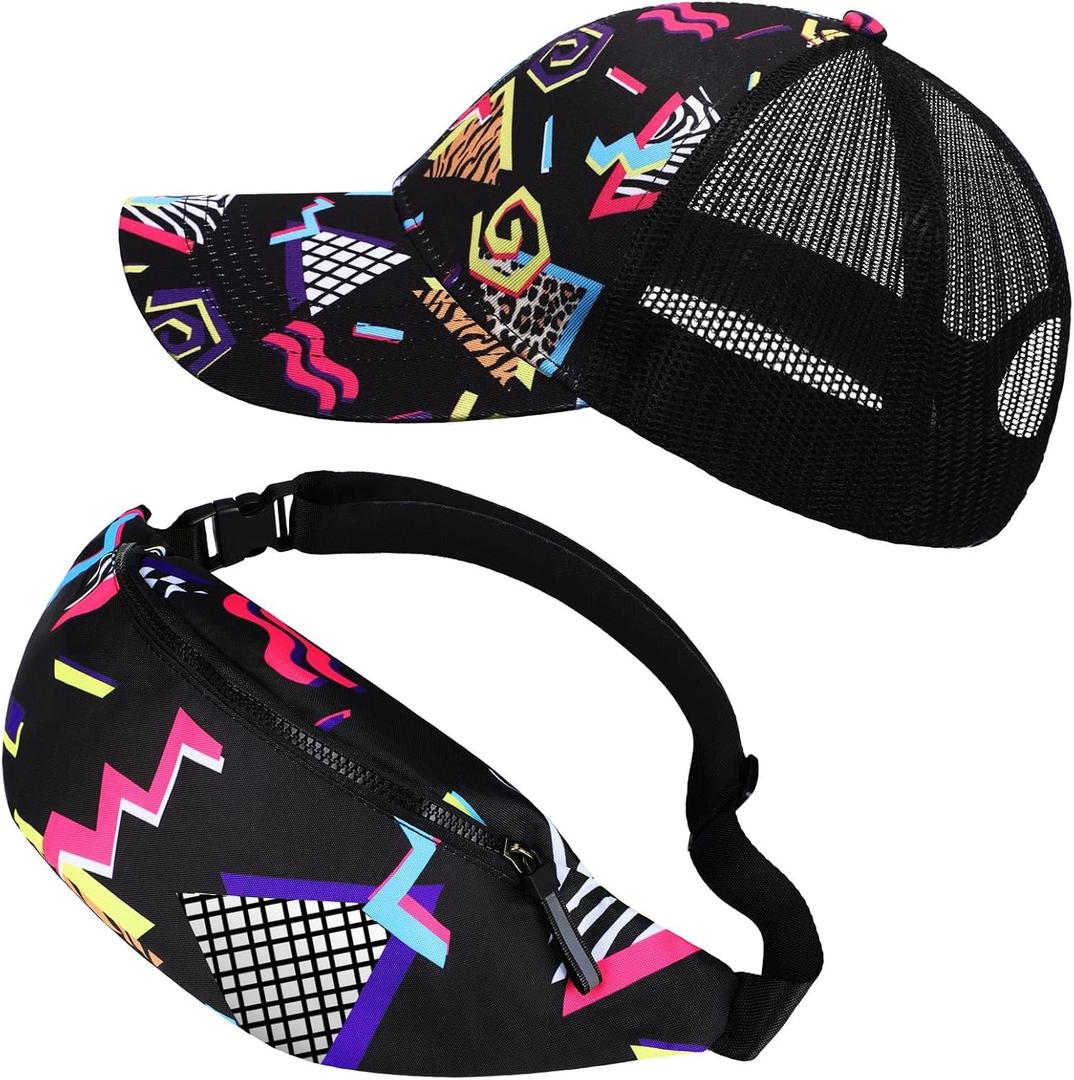 2 Pcs Retro 80s 90s Outfits for Women Men Fanny Pack and Hat Costumes Accessories for Party Decorations