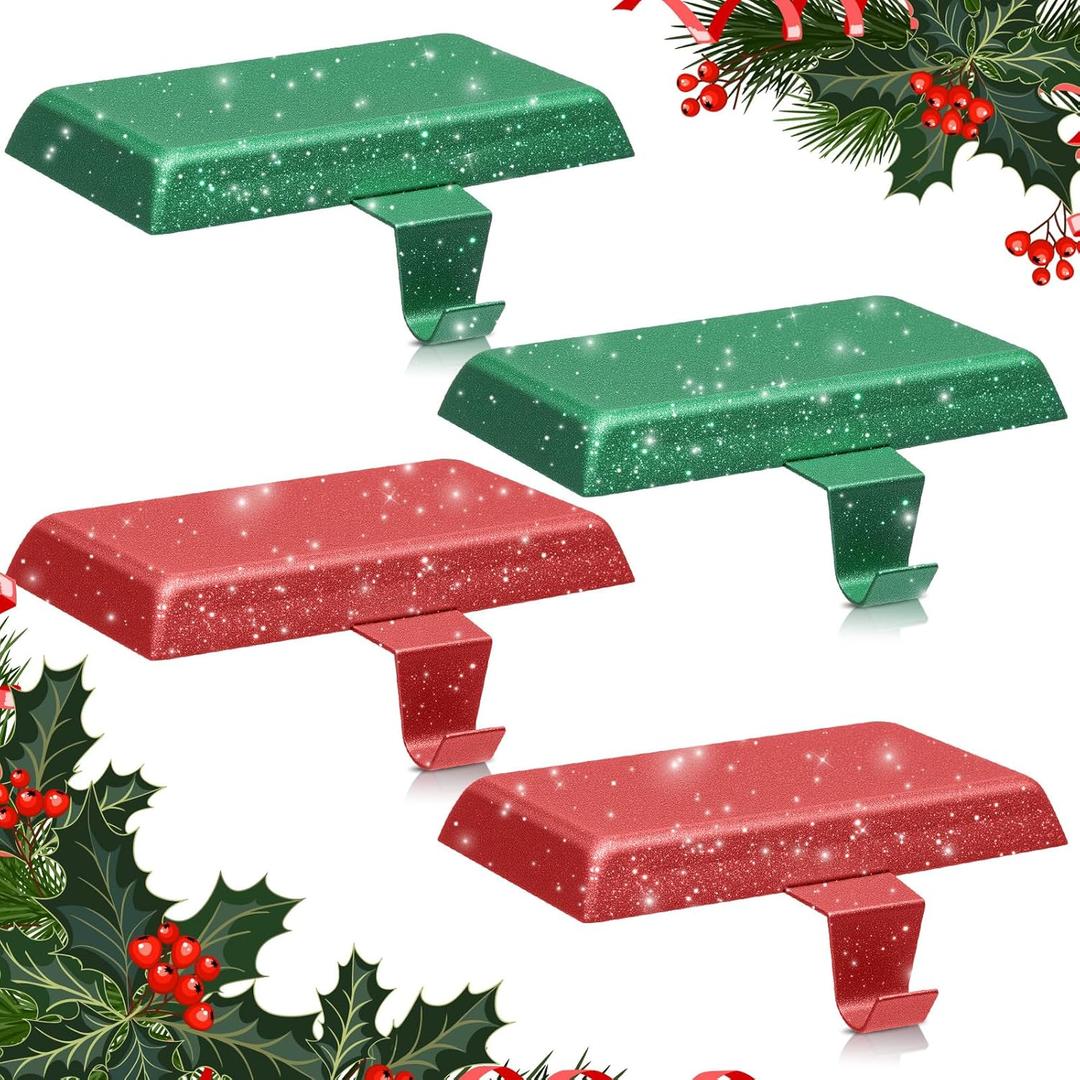 4 Pcs Red,Green Christmas Stocking Holders for Mantle, Lengthening Weighted Stocking Hangers Heavy Duty Christmas Holders Hooks for Wreath Fireplace Mantle Xmas Holiday Party Decoration