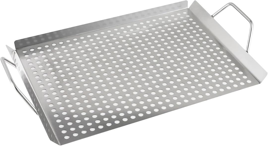 BBQ Grilling Pans,Stainless Steel Grill Grate11x14 Topper Grid Plate Grill Serving Trays With Handles Indoor Outdoor use for Meat, Vegetables & Seafood,Christmas gifts