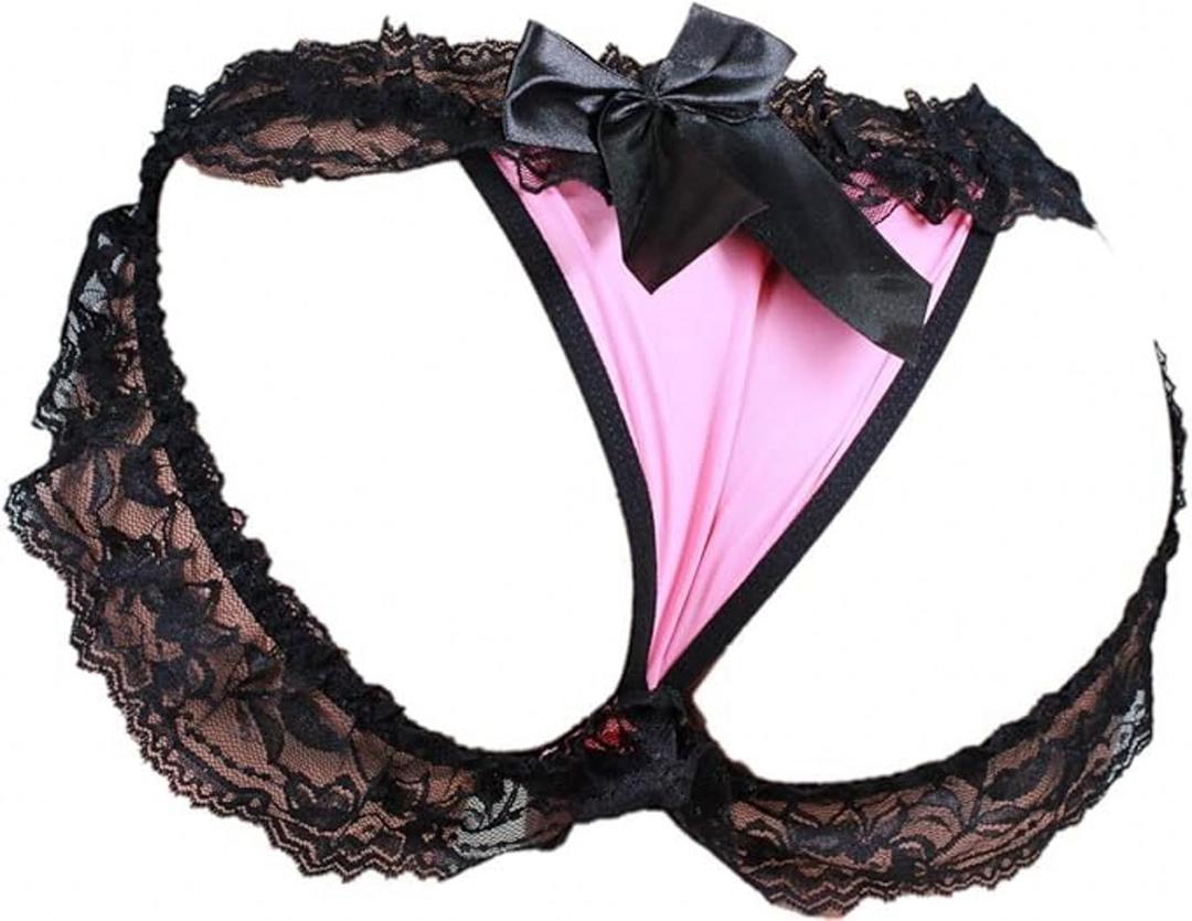 aishani Men's Sissy Panties Femboy Lingerie Underwear Feminine Lace Bikini Jockstrap Briefs For Crossdresser,Comfortable For Daily Wear,S Pink