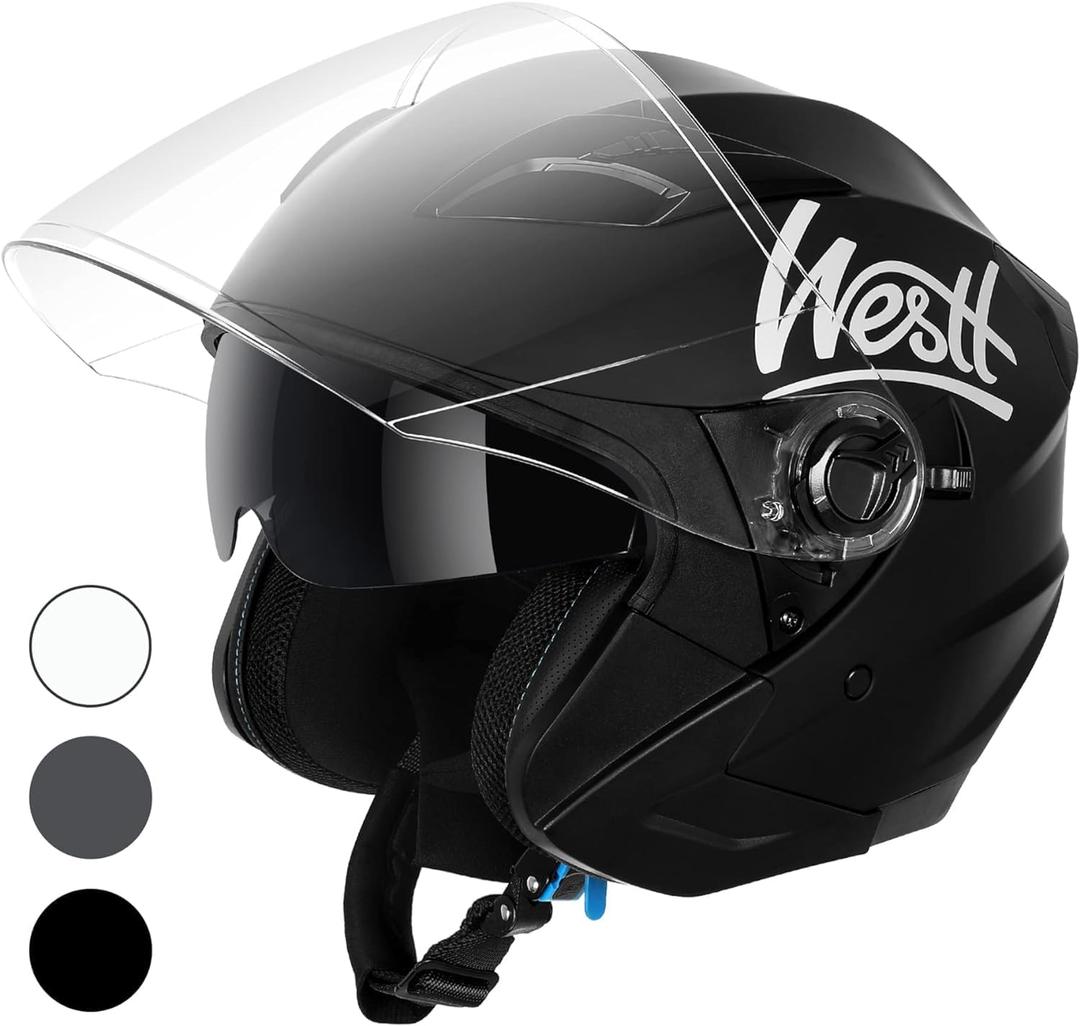Westt Open Face Helmets with Dual Sun Visor Motorcycle Helmet for Men and Women 3/4 Helmets DOT Approved for Scooter Motorbike Street Jet Series (S (21.65-22.05 in), Black)