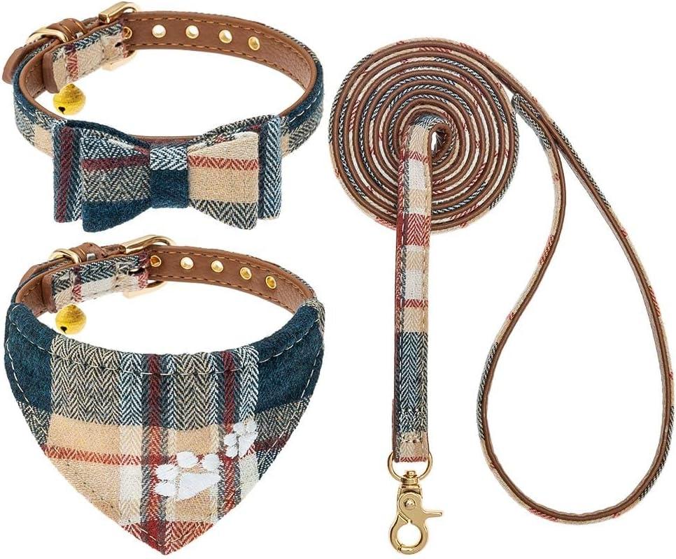 EXPAWLORER Dog Collar and Leash Set - Embroidery Pawprints Plaid Dog Collar and Dog Leash Set, Bow Tie and Bandana Dog Collar with Bell, Collar and Leash for Dogs Cats Outdoor Walking, Khaki S-M