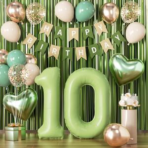Sage Green 10th Birthday Decorations for Girls Boys, Double Digits Party Supplies with Green Number 10 Balloon, Sand White & Cream Balloon Kit and Fringe Curtains