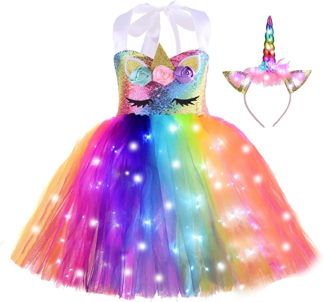 ZeroStage Sequin LED Light Unicorn Costume for Girl Birthday Decorations Halloween Christmas Party Outfit Princess Tutu Dress (7-8 Years, Rainbow)