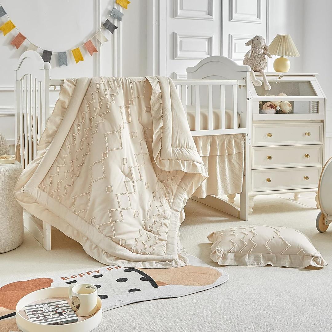 AIKASY The Ruffled Shabby Crib Bedding Set for Girls, Baby Quilted Comforter with Fitted Sheet, Bed Skirt, and Pillowcase. (Khaki)