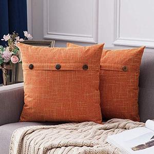 MIULEE Set of 2 Decorative Linen Throw Pillow Covers Cushion Case Triple Button Vintage Farmhouse Pillowcase for Couch Sofa Bed 24 x 24 Inch Orange
