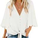 luvamia Women's Casual V Neck Tops 3/4 Sleeve Tie Knot Blouses Solid Button Down Shirts (White, XXXL)
