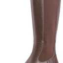 Women’s Knee High Platform Boots, Lug Sole Pull-On Riding Boots with Elastic Panel, Chunky Heel Round Toe Tall Boots for Fall Winter Dress Casual Size 8, Brown