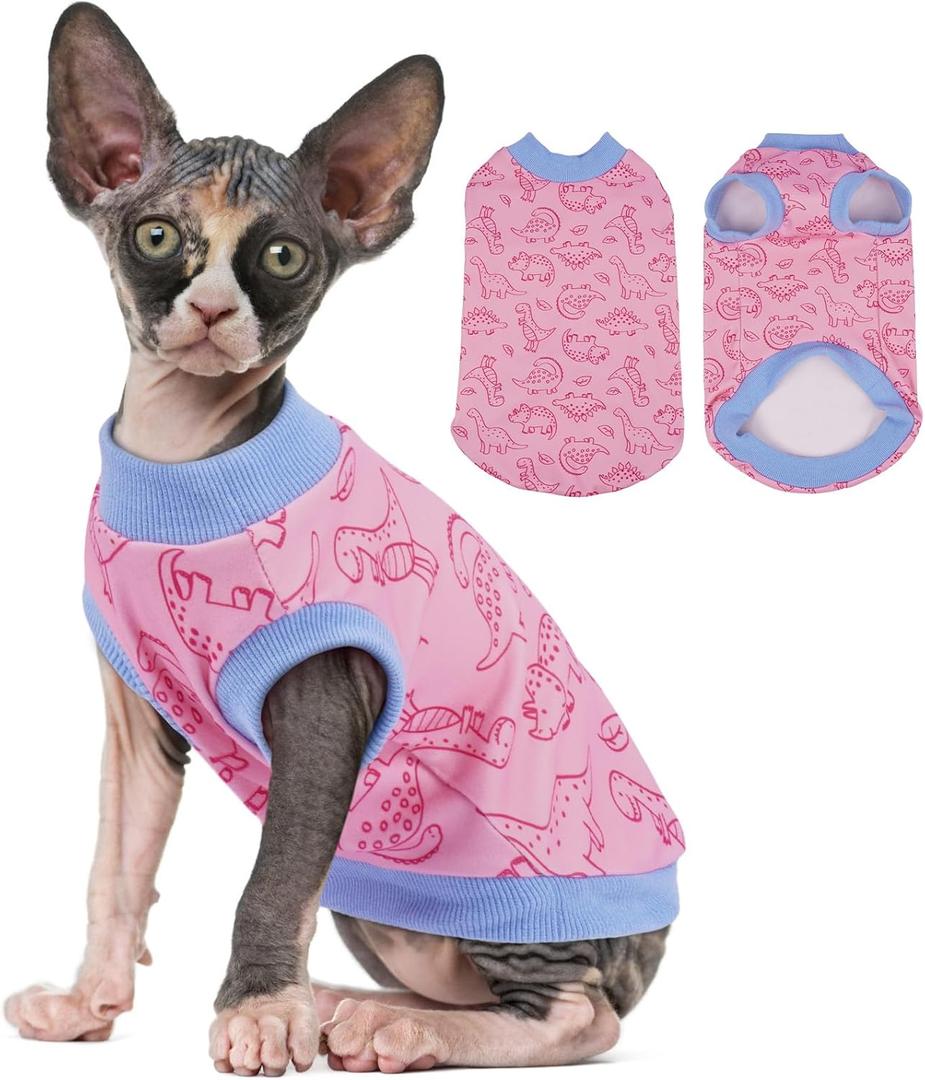 Large Sphynx Hairless Cat Clothes with Dinosaur Print, Pullover Kitten T-Shirts Vest, Sleeveless Bodysuit Cat Pajamas Jumpsuit, Breathable Daily Wear Clothes for Cats, Large
