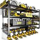 POKIPO Large Power Tool Organizer Wall Mount,4 Layers Heavy Duty Metal Loads 400lbs,Power Tool Shelf Battery Storage with 8 Cordless Drill Holder,Utility Racks for Garage Workshop (Black)