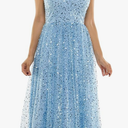 Women's Sleeveless Embellished V Neck Lace Back Tulle Gown Size 5/6