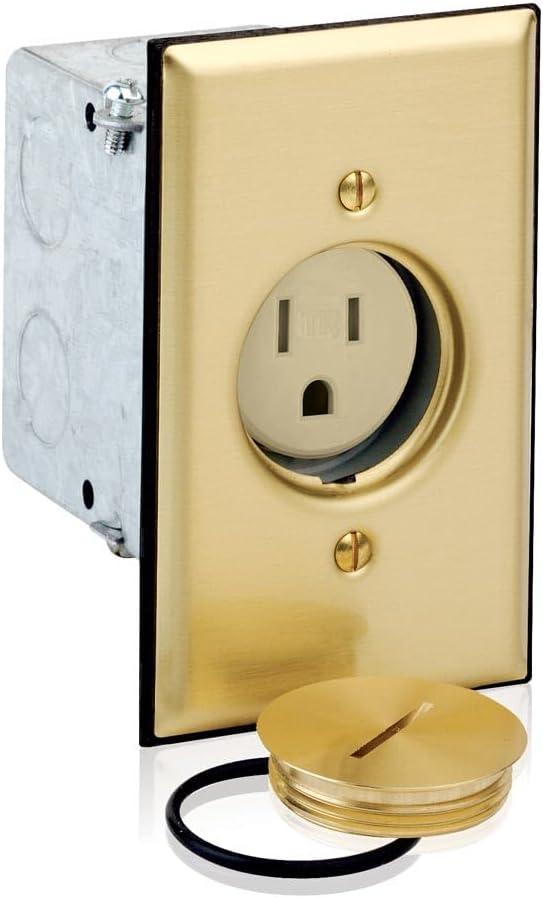 Leviton 1-Gang Single Receptacle Floor Box, Tamper-Resistant, Brass Finish, 15-Amp, 125V, 5249-TFB