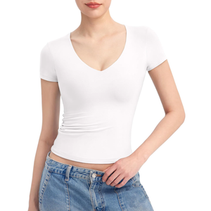 PUMIEY Women's V Neck Short Sleeve T Shirts Slim Fit Going Out Tops Sexy Basic Tee Sharp Collection M