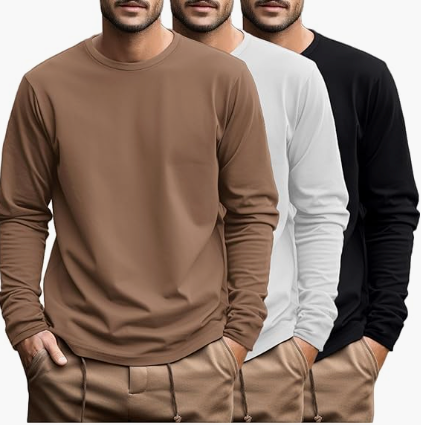 Ficerd 3 Pack Men's Big and Tall Shirts Long Sleeve Cotton Tee Crew Neck Oversize Tops Casual Loose Fit Knitted T Shirts XXL